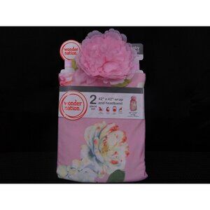Wonder Nation Baby Wrap Set 42x42 Wrap Flower Headband Pink Floral Blanket Cover